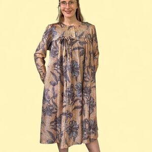 Tan Silver 60s Vintage Shimmer Floral Dress M L
